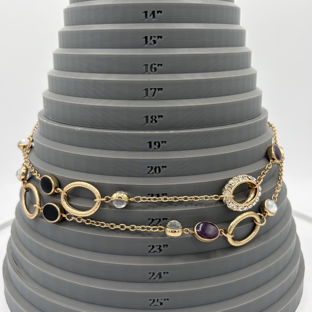 J Lo Gold Tone Black Plum Oval Cabochon Long Station Layering Necklace - Picture 5 of 6